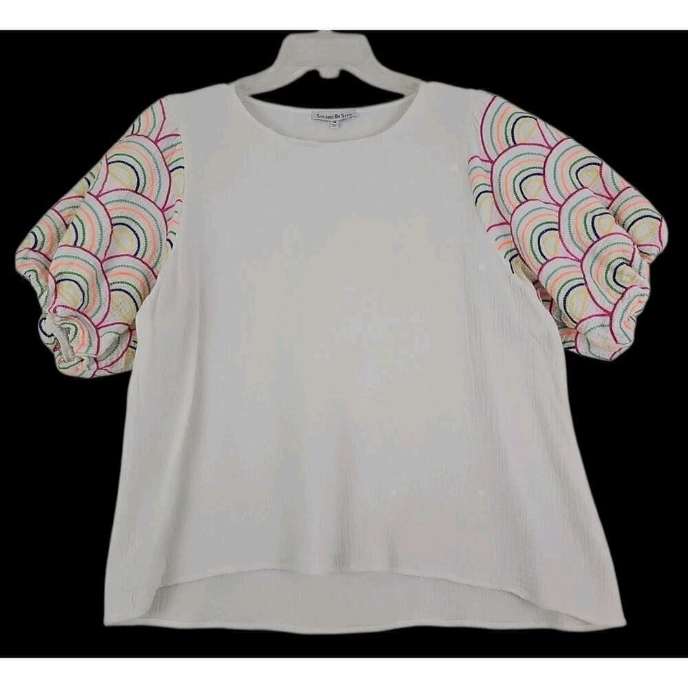 See N Be Seen ~Woman Size M~ White Textured Embroidered Puff Short Sleeve Cotton